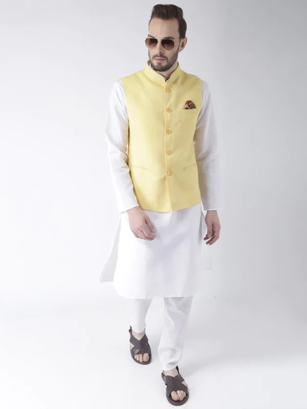 men-1 White Solid Kurta Pyjama Set With Yellow Solid Nehru Jacket