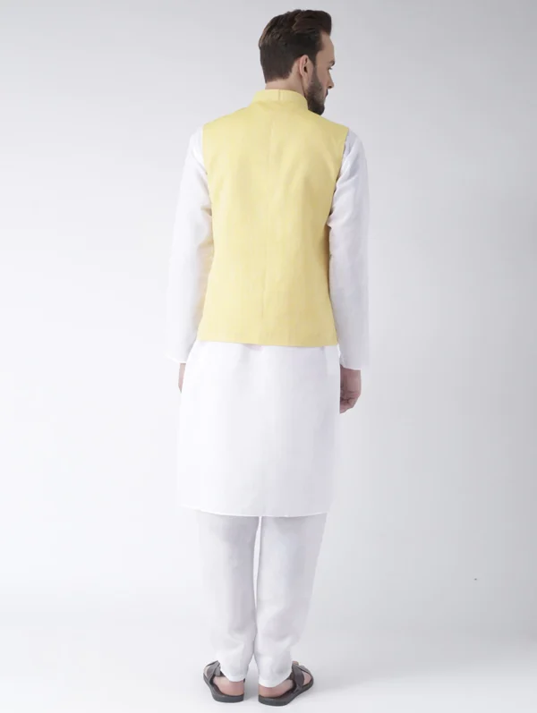 men-1-B White Solid Kurta Pyjama Set With Yellow Solid Nehru Jacket