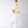men-1-C White Solid Kurta Pyjama Set With Yellow Solid Nehru Jacket