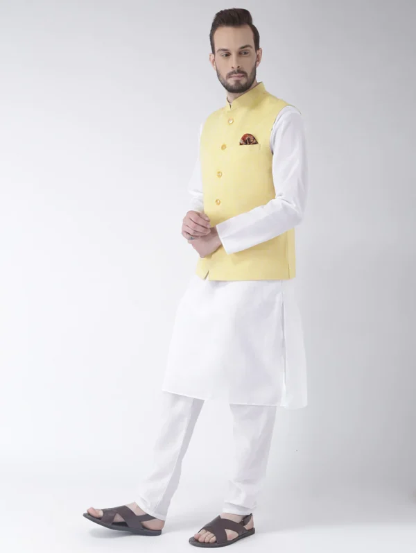 men-1-C White Solid Kurta Pyjama Set With Yellow Solid Nehru Jacket