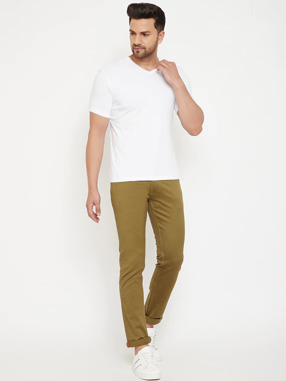 men-15-A Olive Green Plain Denim Jeans