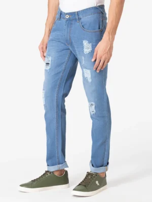 men-16 Blue Light Washed Distressed Denim Jeans