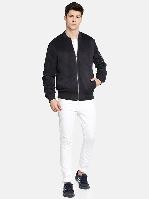men-17-B Navy Blue Solid Bomber Jacket