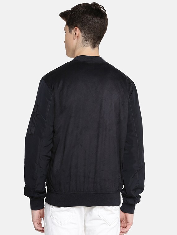 men-17-C Navy Blue Solid Bomber Jacket