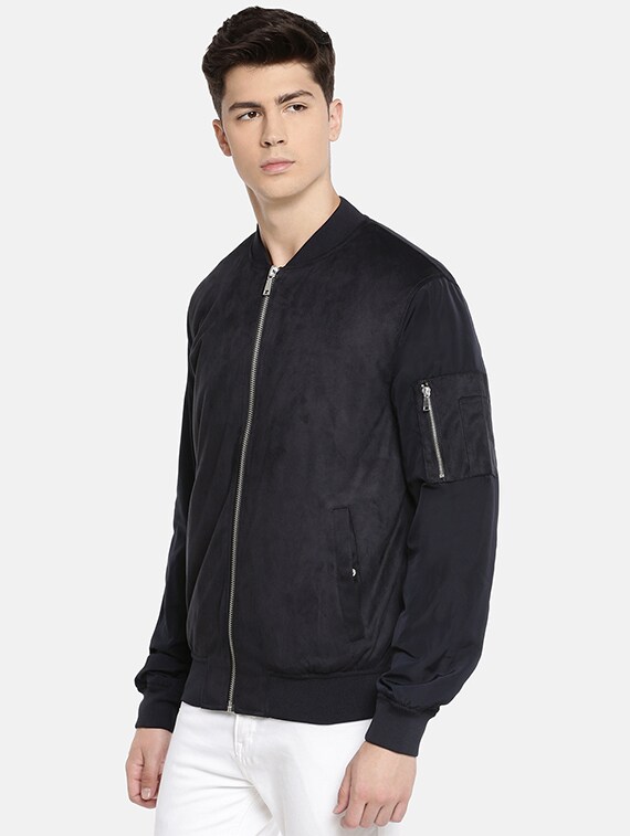 men-17-D Navy Blue Solid Bomber Jacket