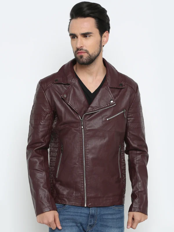 men-19 Brown Solid Biker Jacket