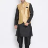 men-2 Black Dhoti Kurta Set With Gold Printed Nehru Jacket