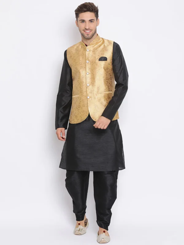 men-2 Black Dhoti Kurta Set With Gold Printed Nehru Jacket