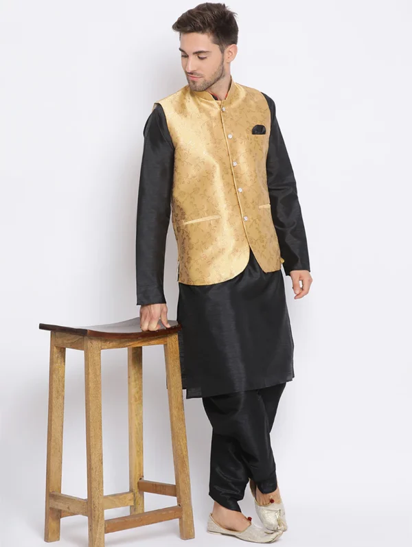 men-2-B Black Dhoti Kurta Set With Gold Printed Nehru Jacket