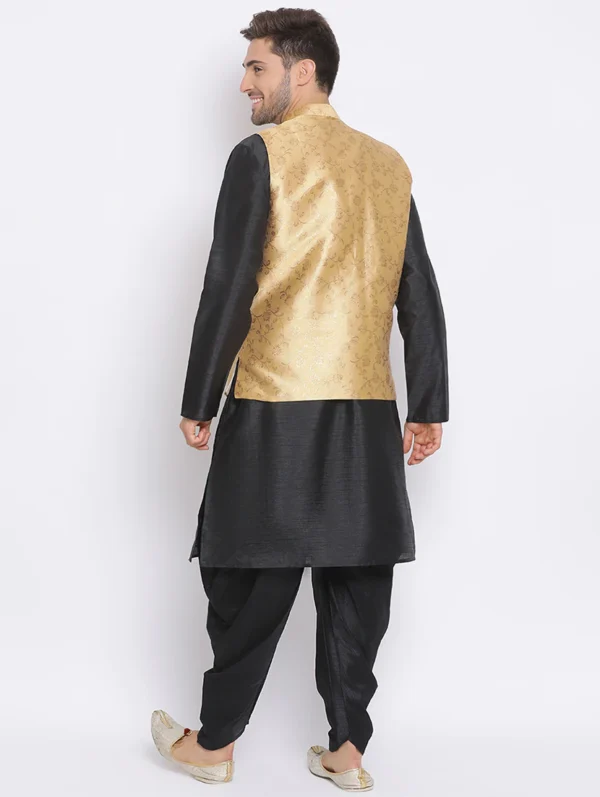 men-2-C Black Dhoti Kurta Set With Gold Printed Nehru Jacket