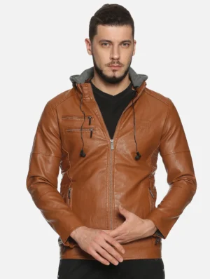 men-20 Brown Solid Pu Biker Jacket