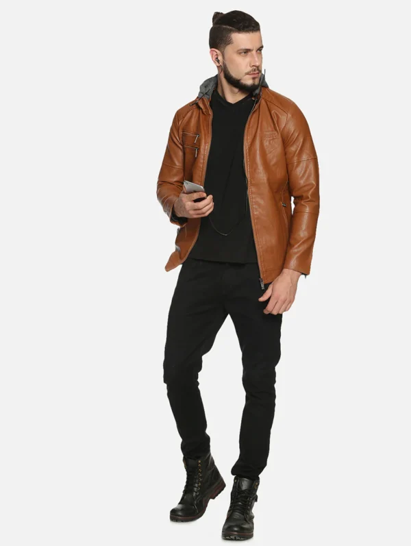 men-20-B Brown Solid Pu Biker Jacket