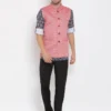 men-3 Blue Printed Linen Kurta Trouser Set With Solid Nehru Jacket