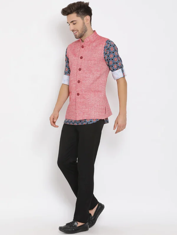men-3-B Blue Printed Linen Kurta Trouser Set With Solid Nehru Jacket