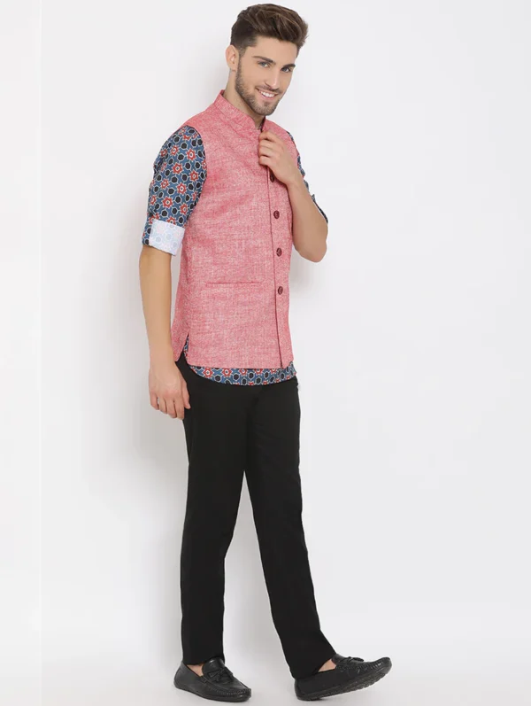 men-3-C Blue Printed Linen Kurta Trouser Set With Solid Nehru Jacket