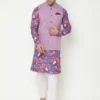 men-4 Blue Printed Kurta Pyjama Set With Purple Solid Nehru Jacket