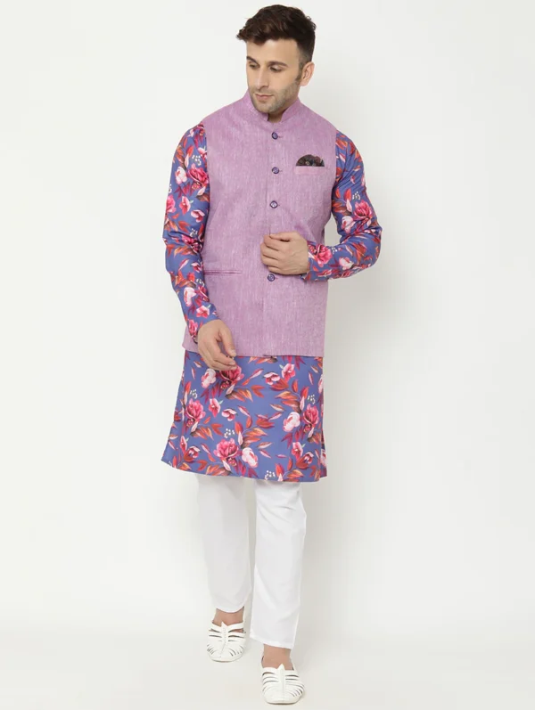 men-4 Blue Printed Kurta Pyjama Set With Purple Solid Nehru Jacket
