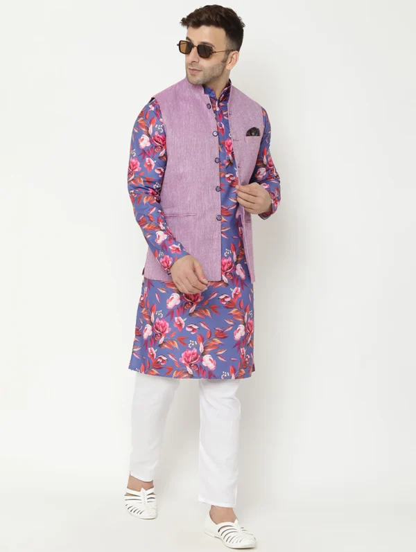 men-4-B Blue Printed Kurta Pyjama Set With Purple Solid Nehru Jacket