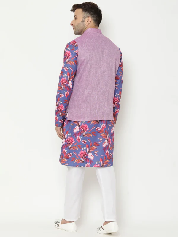 men-4-C Blue Printed Kurta Pyjama Set With Purple Solid Nehru Jacket